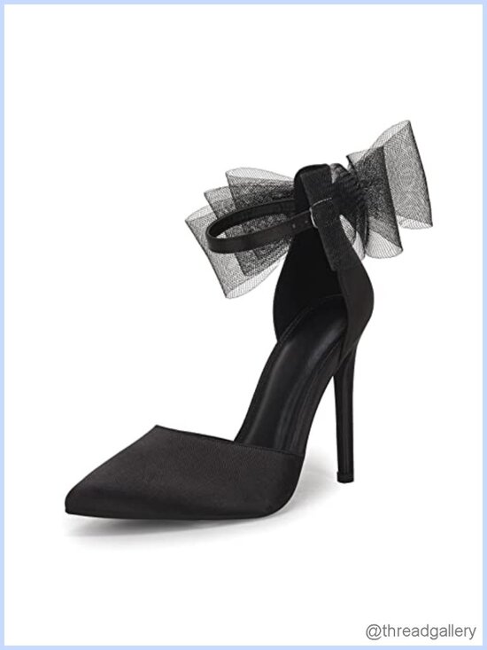 Shoes - Satin Stiletto Heels Pointed Toe Bow Ankle Strap Pumps Women